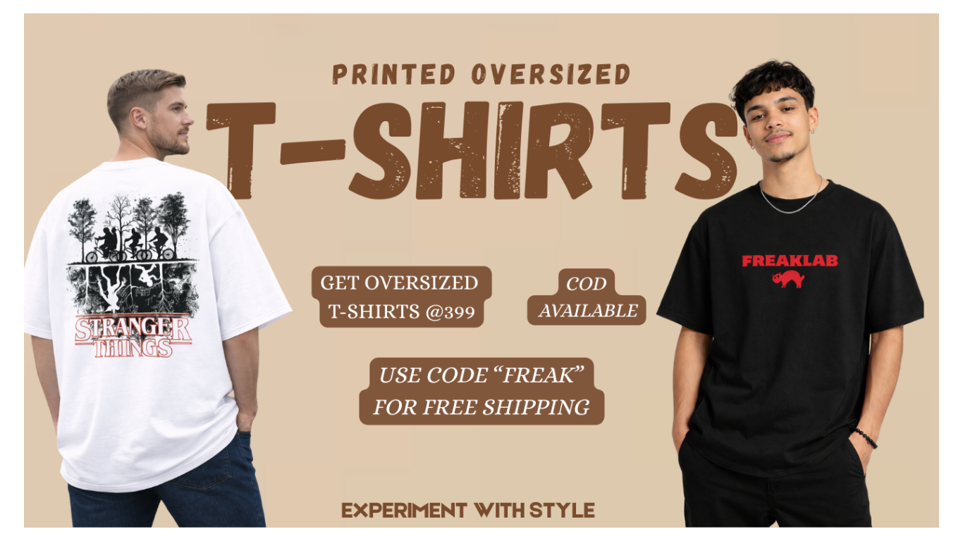 Two people wearing oversized t-shirts with promotional text on a beige background